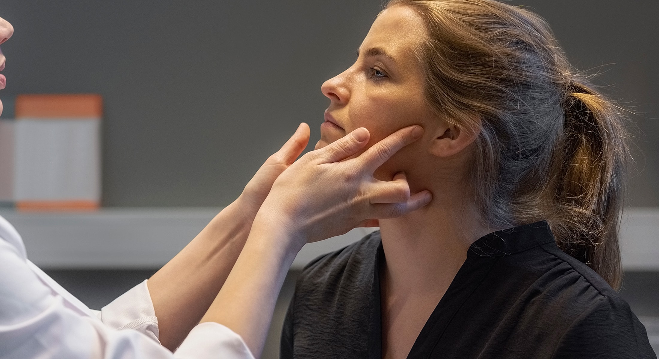 Facial treatment consultation between two women.
